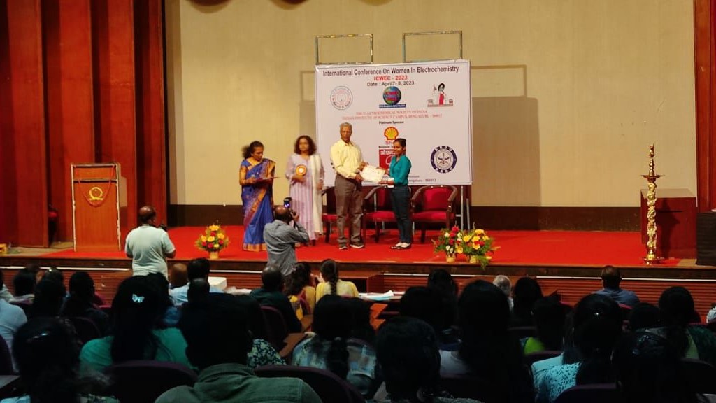 Madhushri Bhar, (Ph.D. Scholar), has been awarded the Best oral presentation award at International Conference on Women in Electrochemistry (ICWEC-2023)
